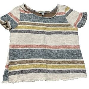 Green Envelope Small Striped Textured Short Sleeve Top Frayed Hem